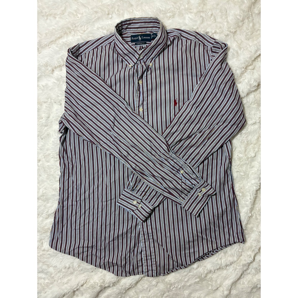 Polo Ralph Lauren Mens Custom Fit Striped Button Down Shirt Blue Red L 16.5
